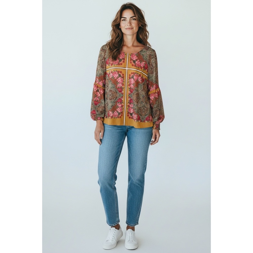 Flying Tomato Womens Blouse XL‎ Paisley Floral Print Long Sleeve Round Neck Top